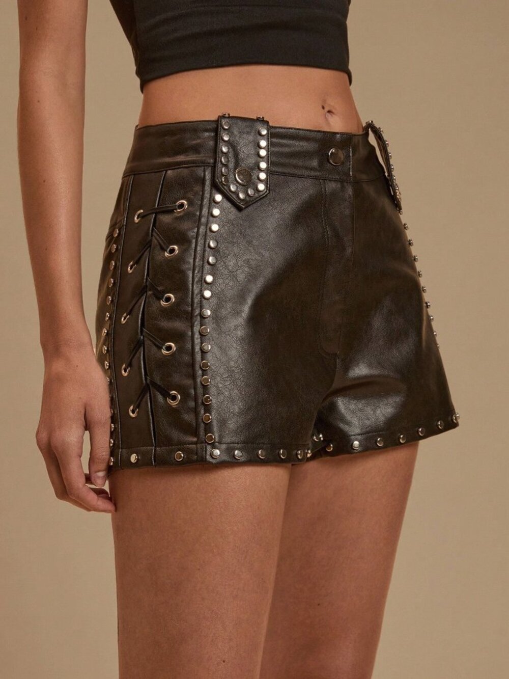 Black Casual Women's Woven Rivet Leather Sexy Shorts